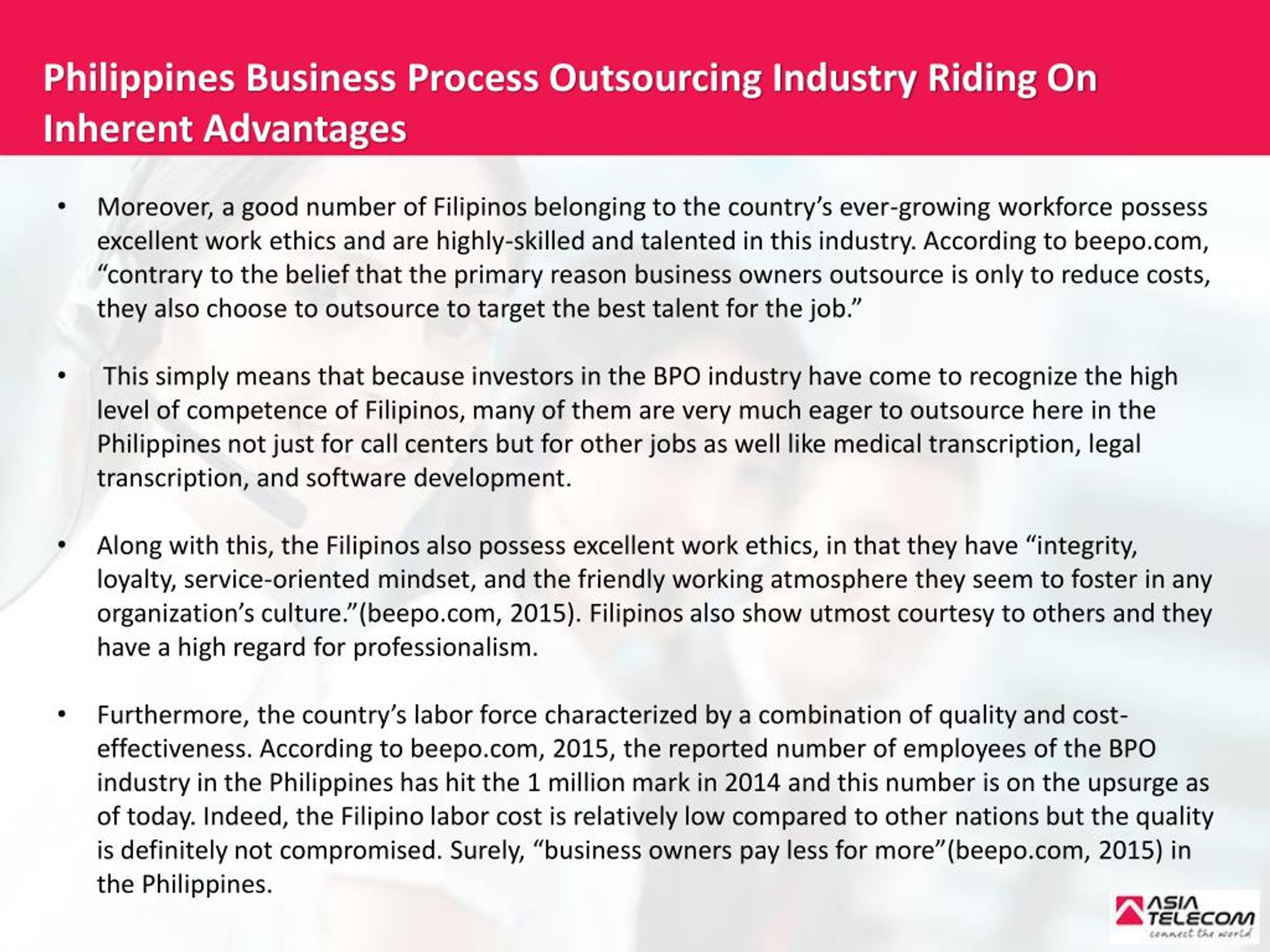 Ppt Philippines Business Process Outsourcing Industry Riding On Inherent Advantages Asia
