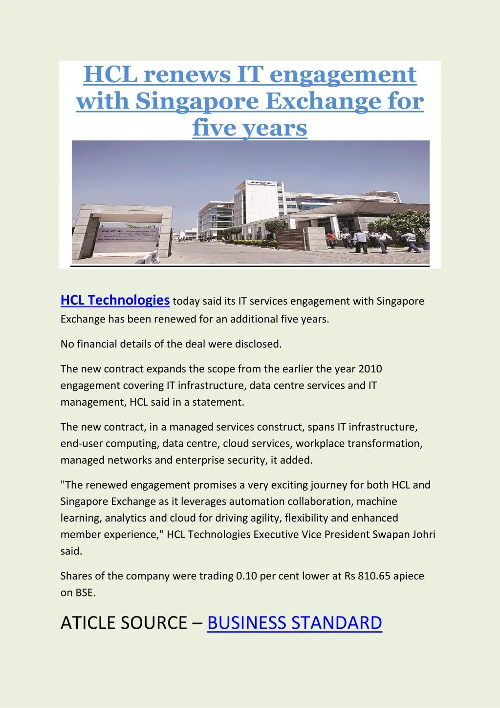 PPT - HCL renews IT engagement with Singapore Exchange for five years ...