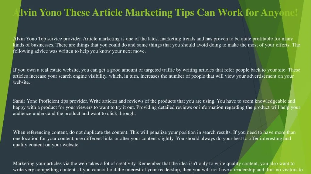 alvin yono these article marketing tips can work for anyone n.
