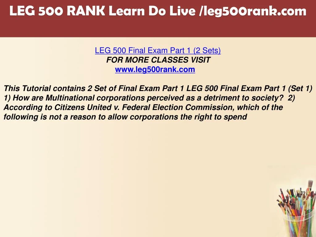 leg 500 final exam Leg 500 week 11 final exam – strayer newclick on the link below to purchase a+ graded materialinstant download. leg 500 final exam Leg 500 week 11 final exam – strayer newclick on the link below to purchase a+ graded materialinstant download.