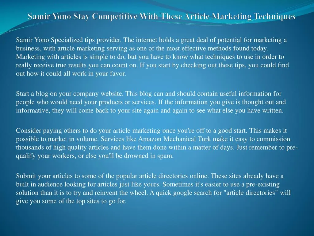 samir yono stay competitive with these article marketing techniques n.