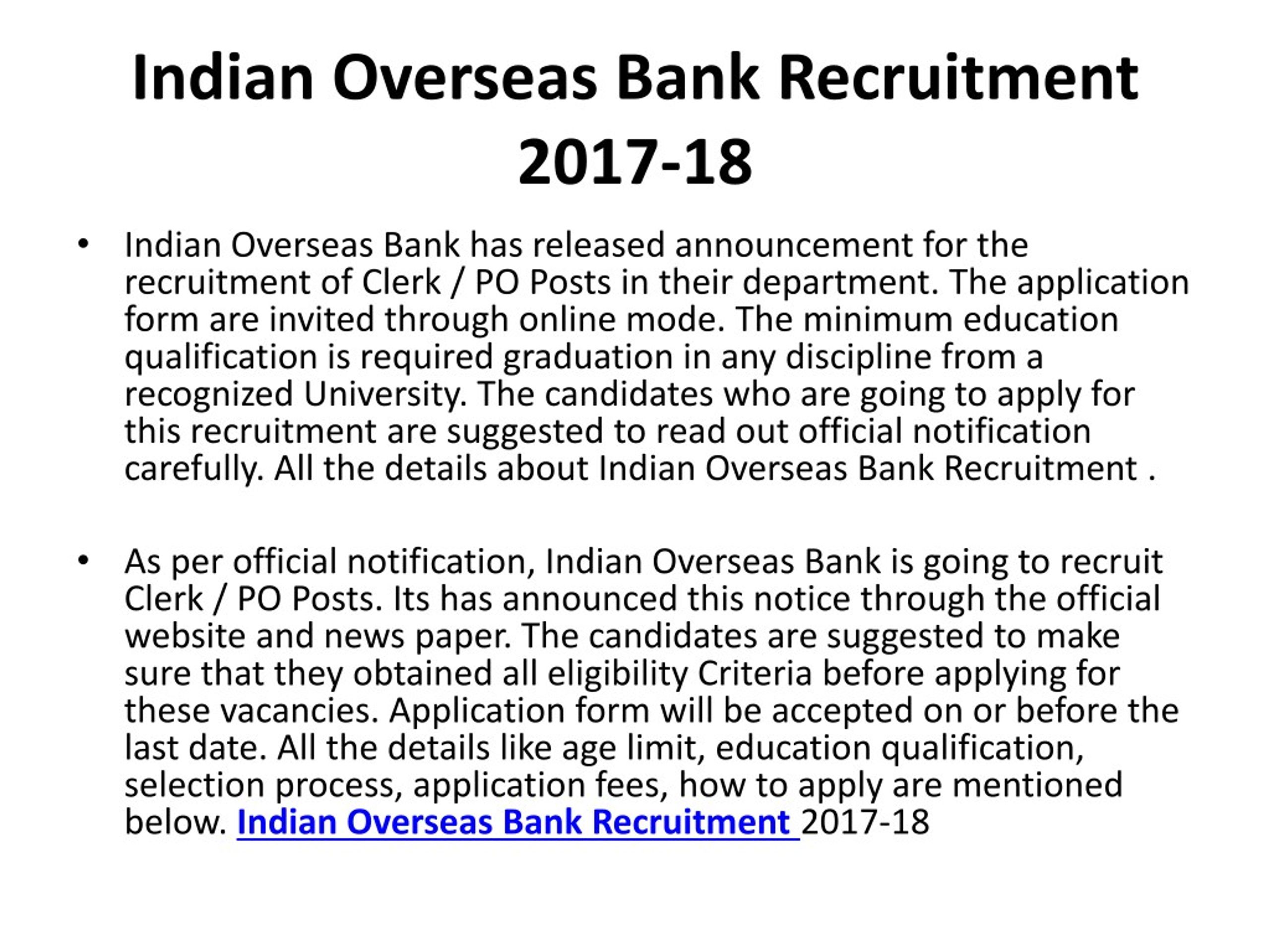 Job vacancy in indian overseas bank