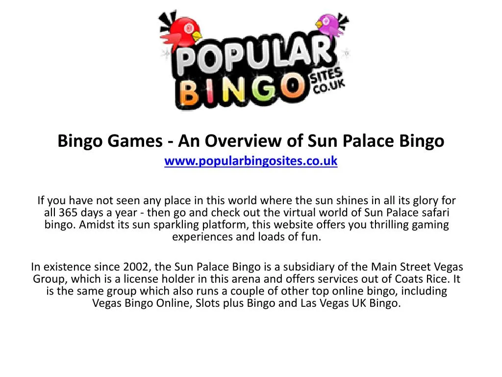 bingo games an overview of sun palace bingo www popularbingosites co uk n.