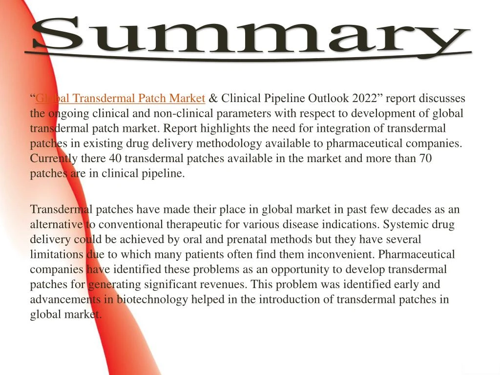 transdermal drug delivery market clinical Dublin, mar 22, 2017 /prnewswire/ -- research and markets has announced the addition of the global transdermal patch market & clinical pipeline outlook 2022 report to their offering. transdermal drug delivery market clinical Dublin, mar 22, 2017 /prnewswire/ -- research and markets has announced the addition of the global transdermal patch market & clinical pipeline outlook 2022 report to their offering.