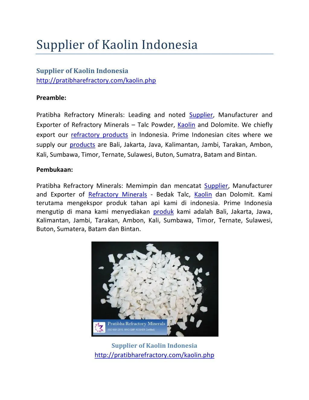supplier of kaolin indonesia n.