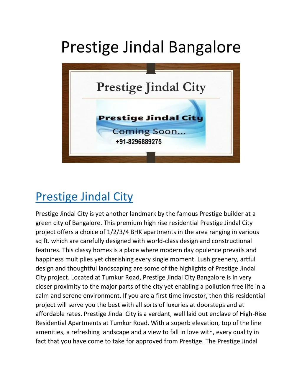 PPT Prestige Jindal Bangalore Price Pre Launch PowerPoint