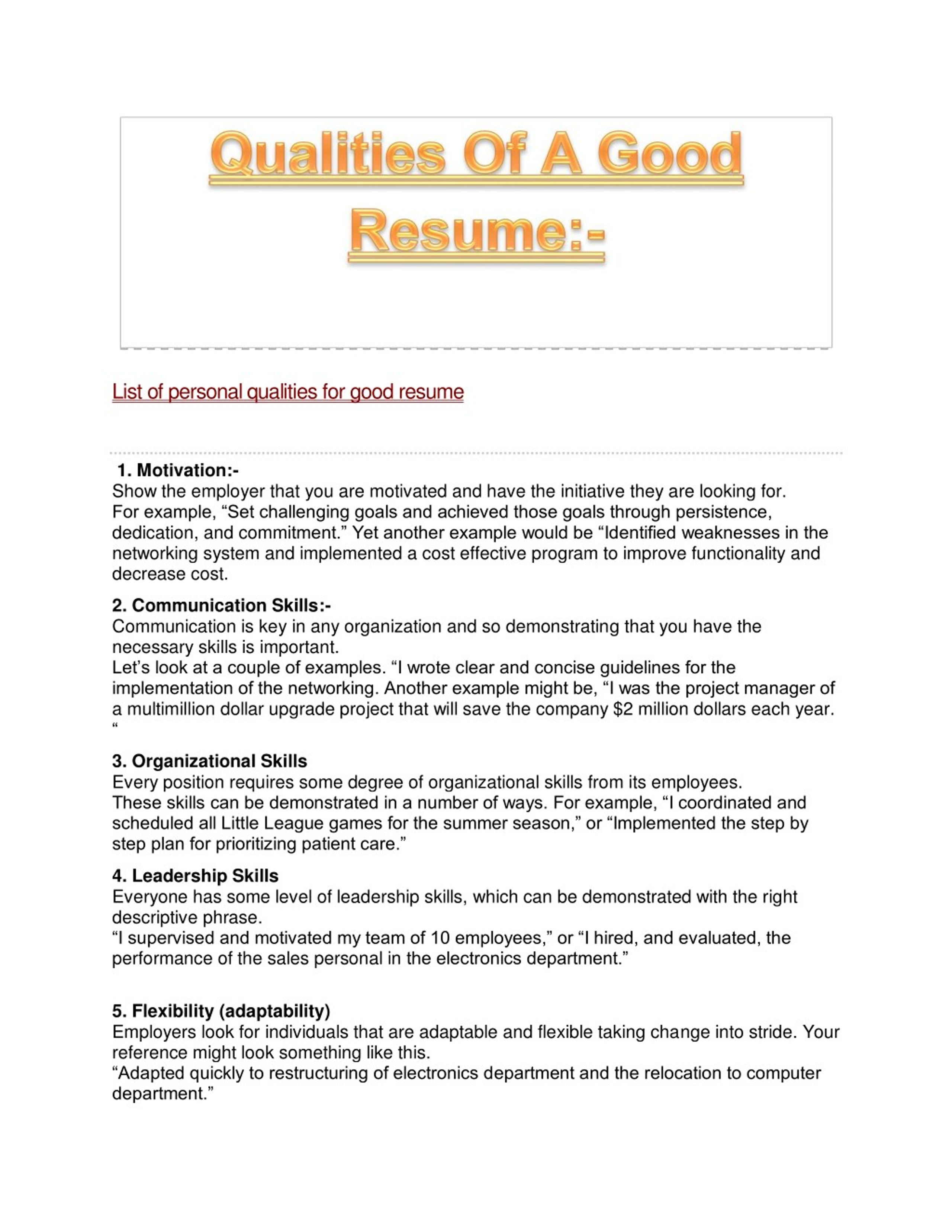 PPT Good Qualities Of Resume PowerPoint Presentation Free Download 