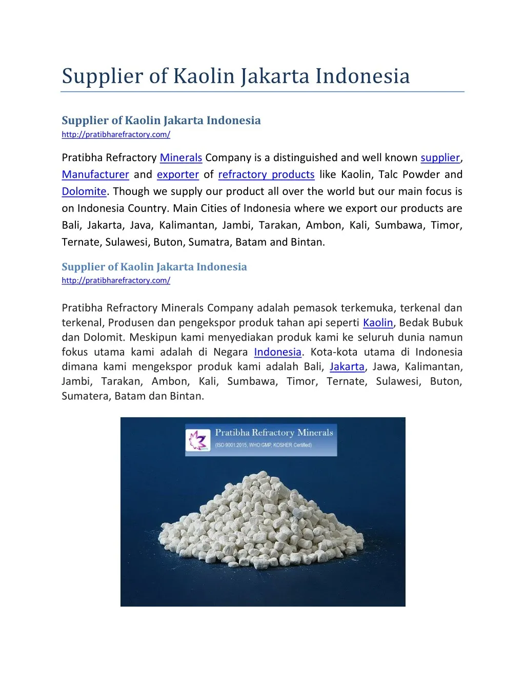 supplier of kaolin jakarta indonesia n.