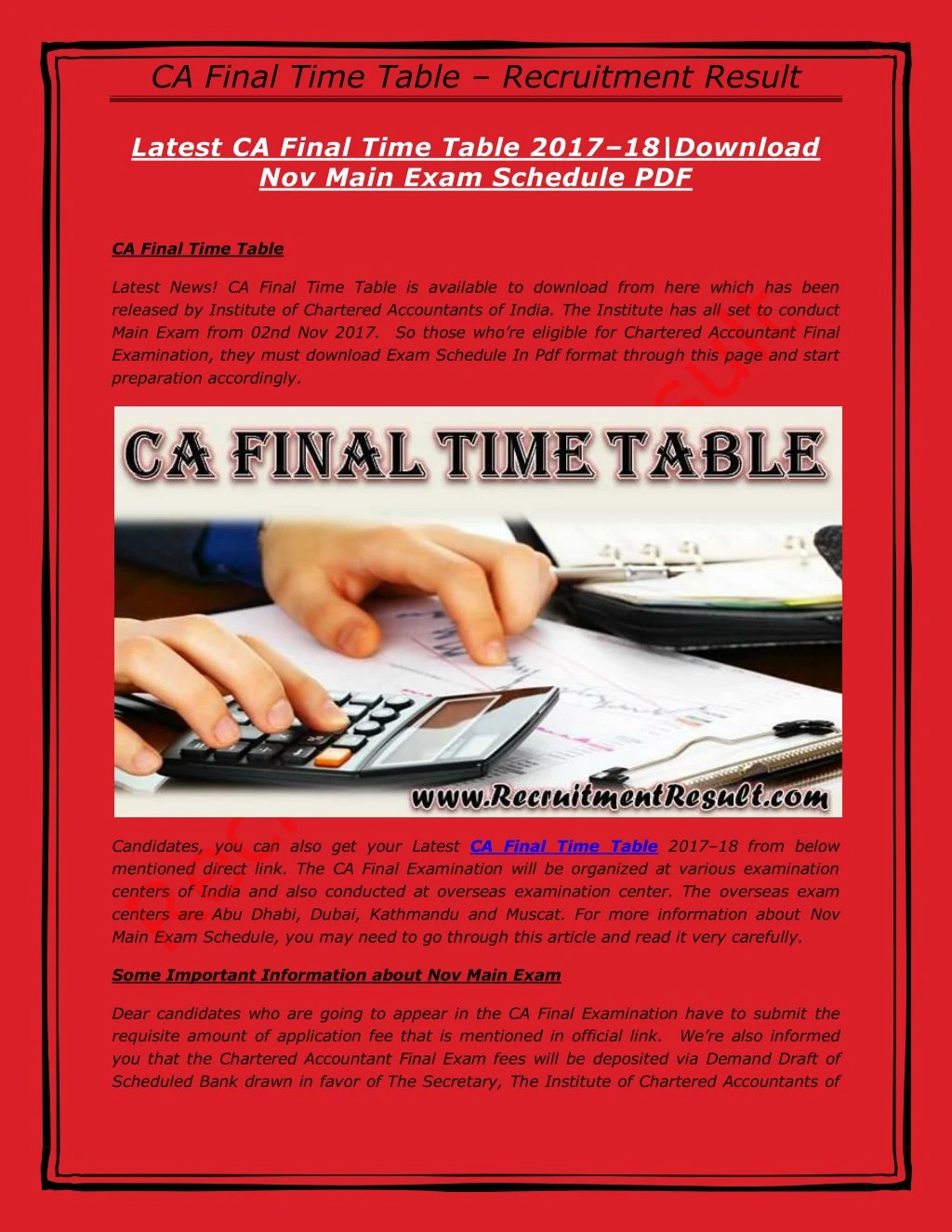 ca final time table recruitment result n.