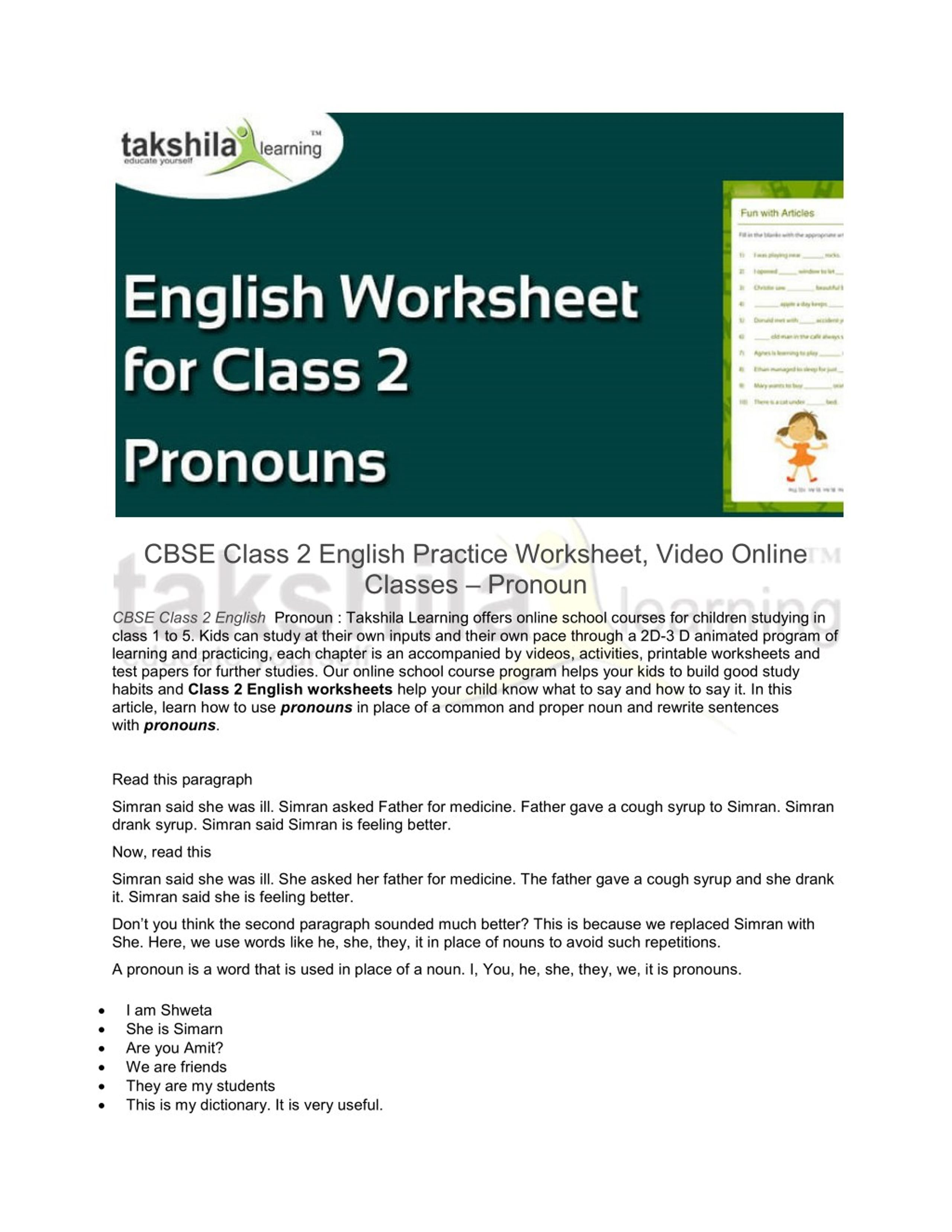 PPT CBSE Class 2 English Practice Worksheet Pronouns PowerPoint Presentation ID 7678669
