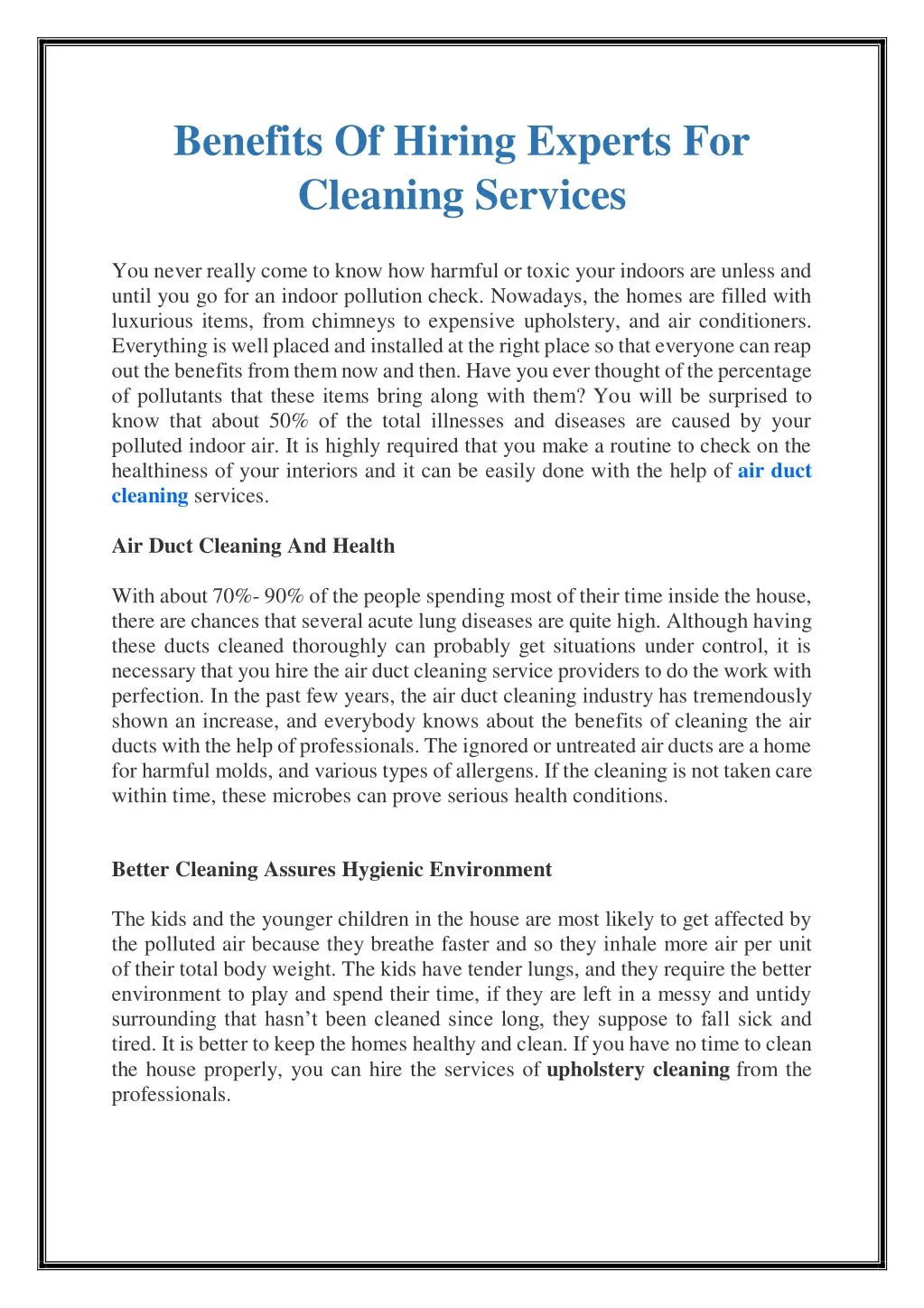 benefits of hiring experts for cleaning services n.