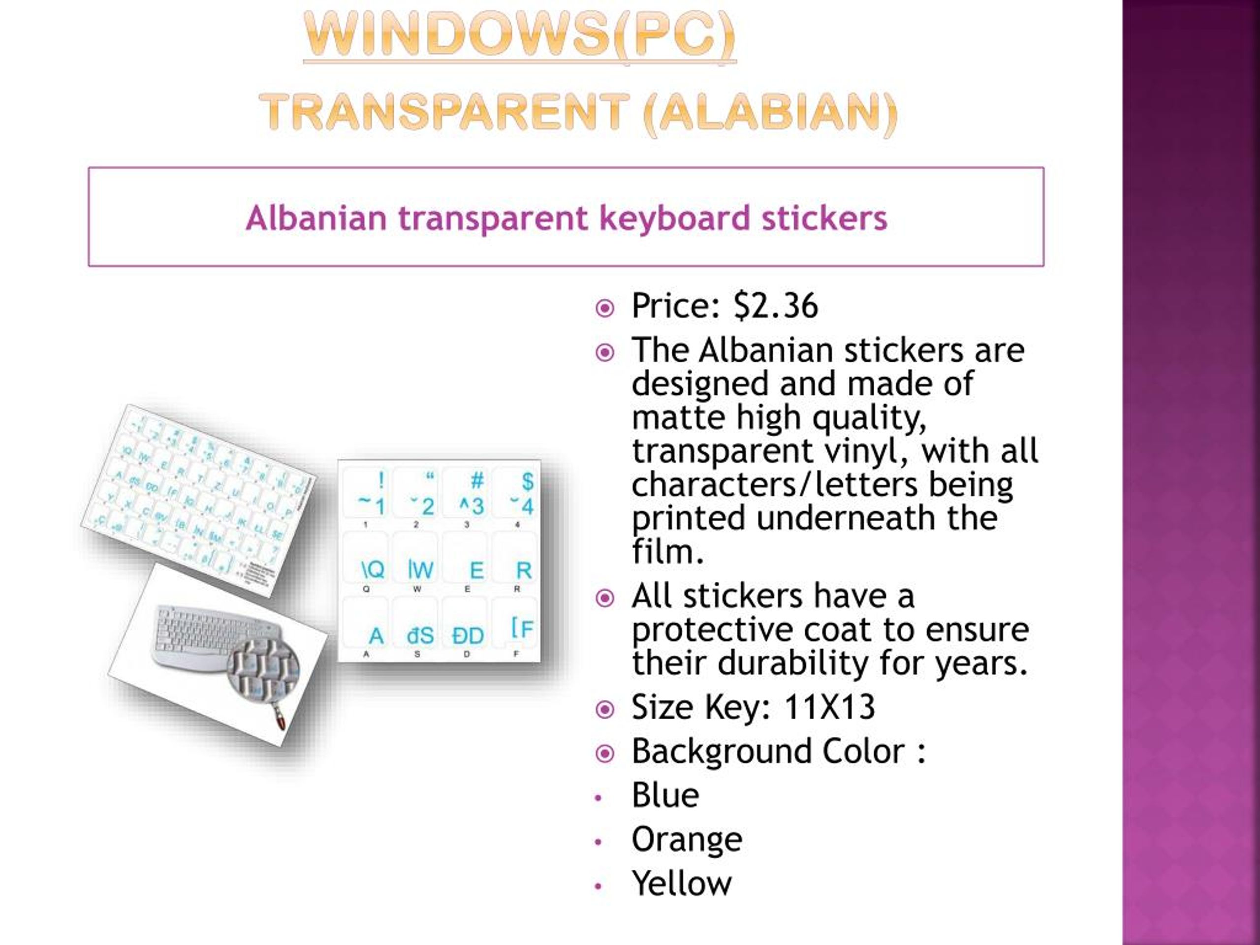 Albanian Keyboard Stickers Transparent Yellow Letters for Computer Laptop 