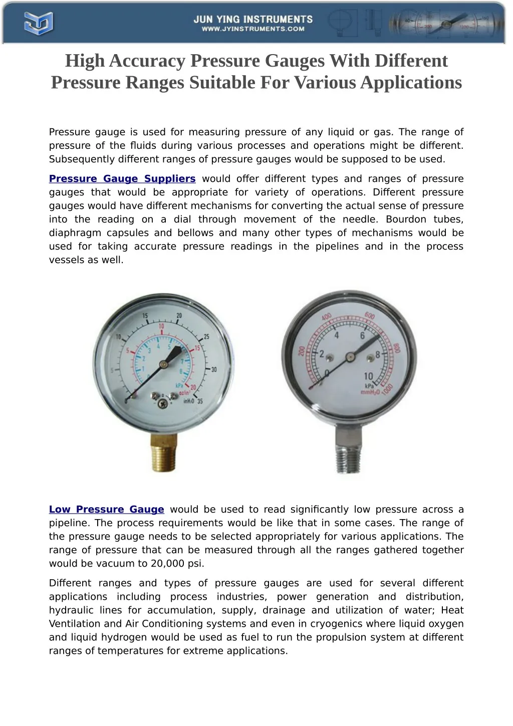 PPT High Accuracy Pressure Gauges With Different Pressure Ranges