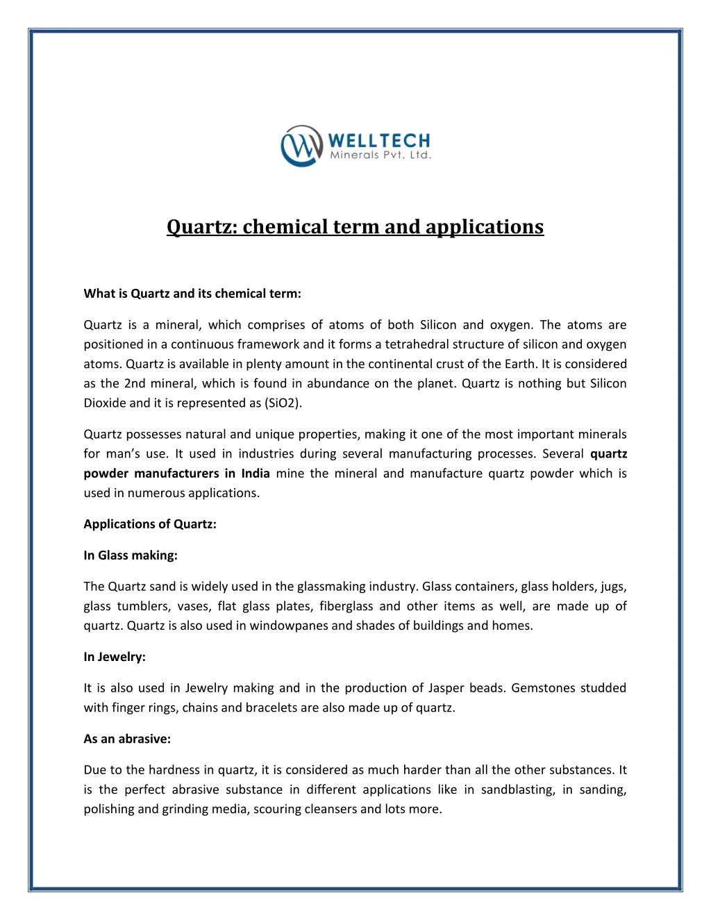 quartz chemical term and applications n.
