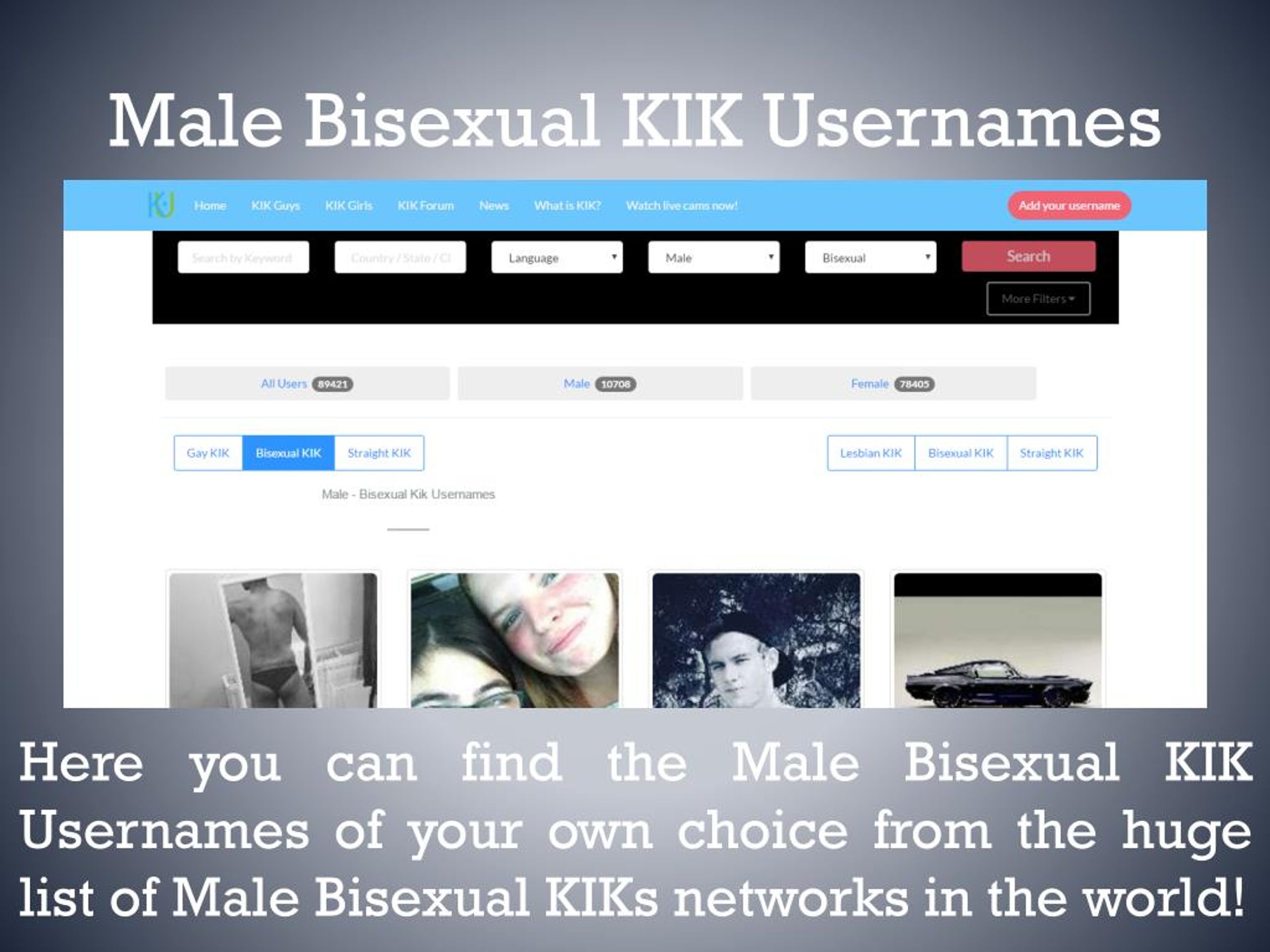 Here you can find the Male Bisexual KIK Usernames of your own choice from t...