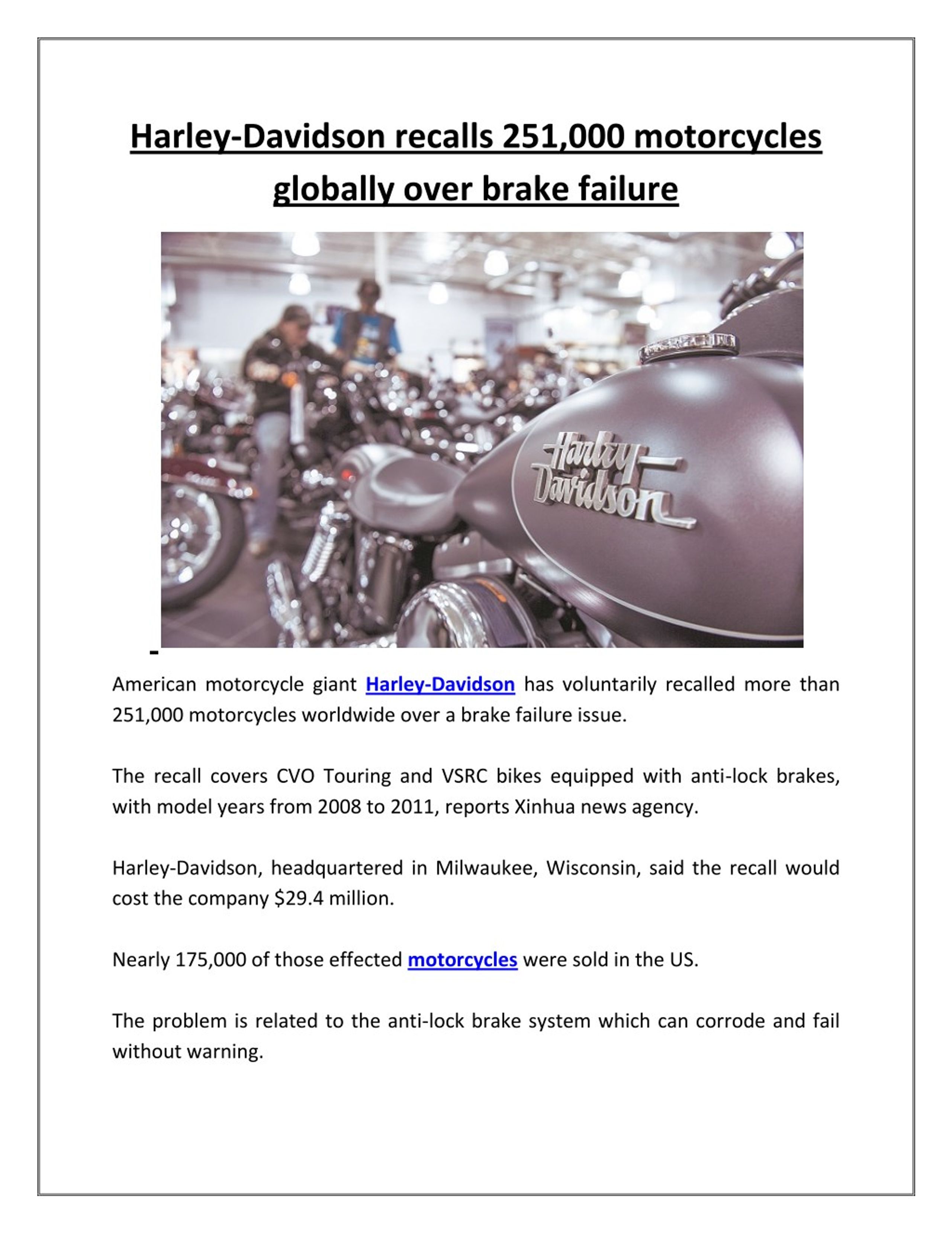 PPT HarleyDavidson recalls 251,000 motorcycles globally over brake