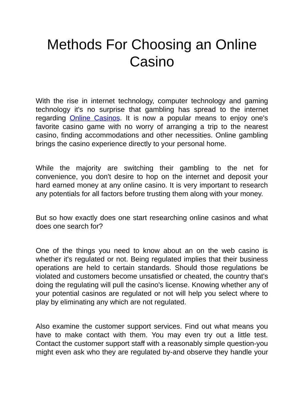methods for choosing an online casino n.