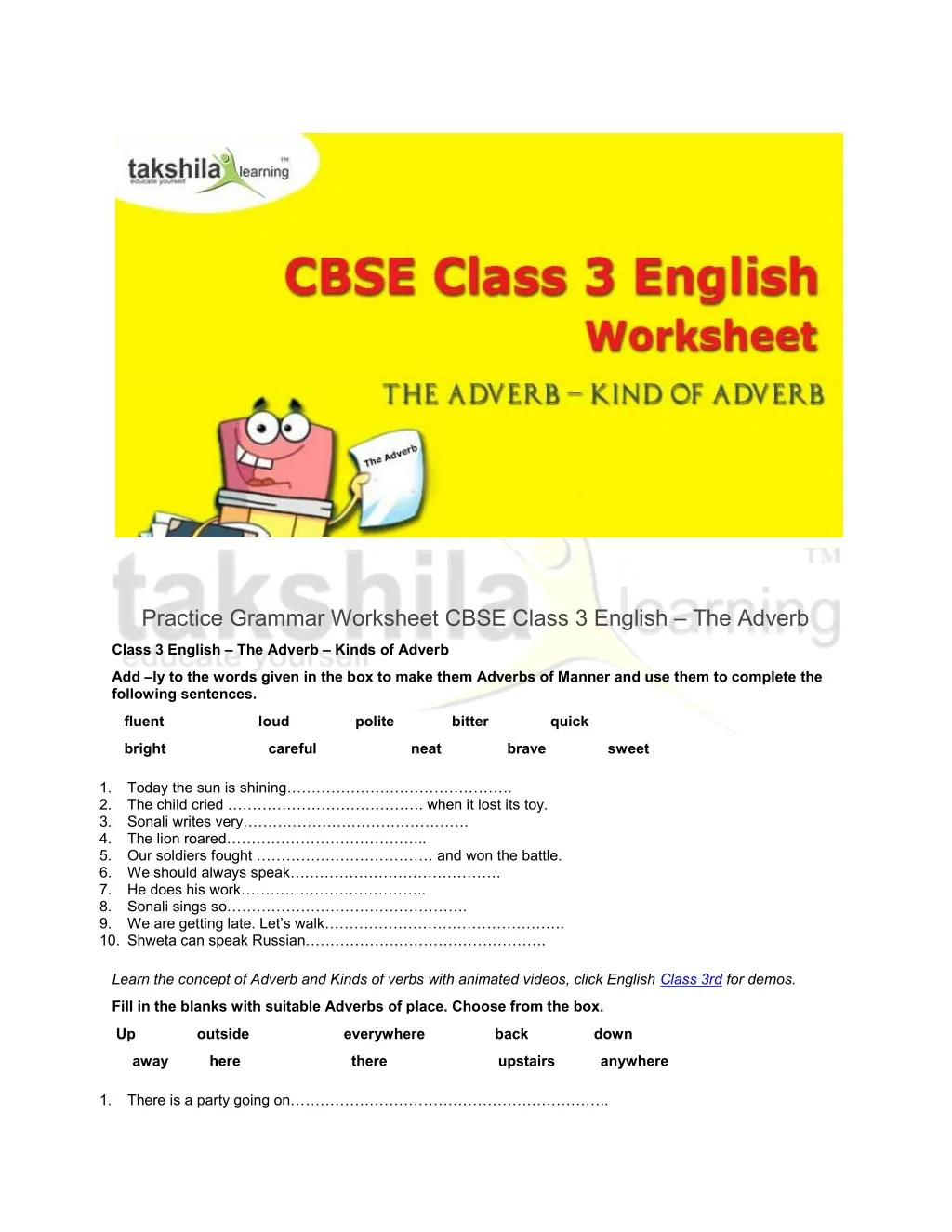 PPT Practice Grammar Worksheet For CBSE Class 3 English The Adverb PowerPoint Presentation