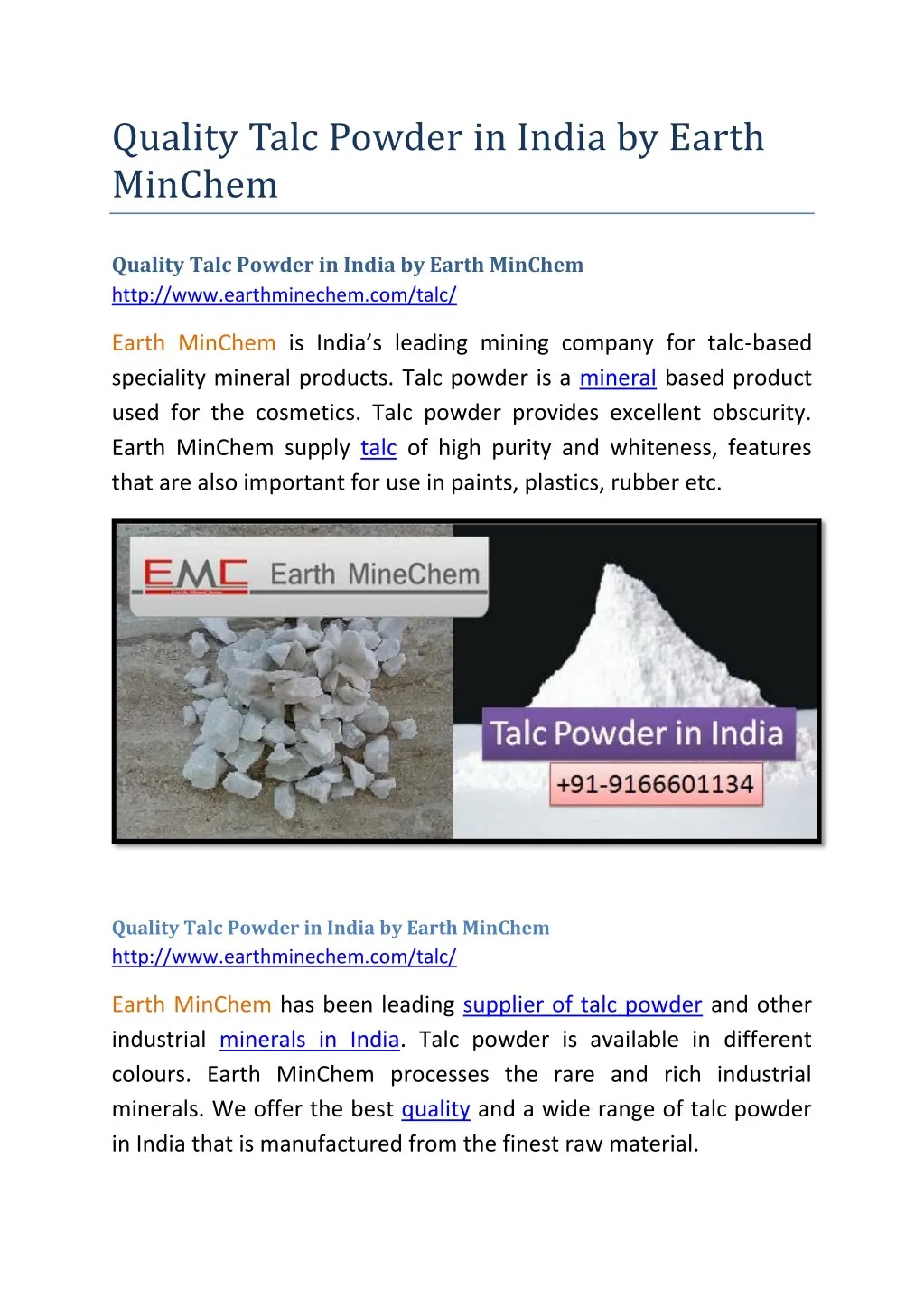 quality talc powder in india by earth minchem n.