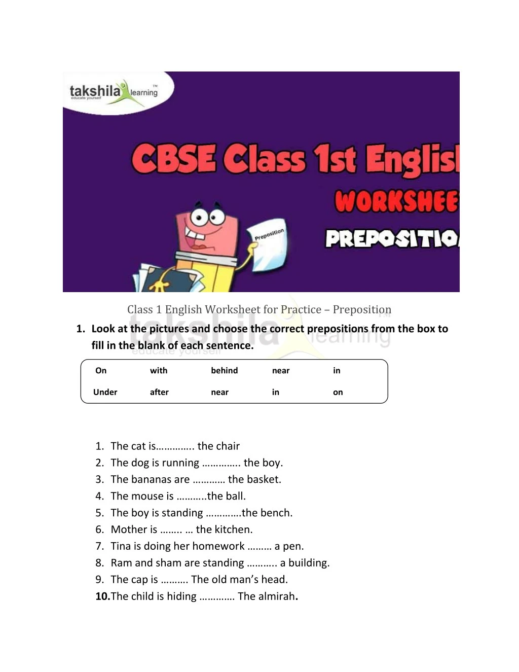 ncert cbse class 1 english worksheet for practice preposition