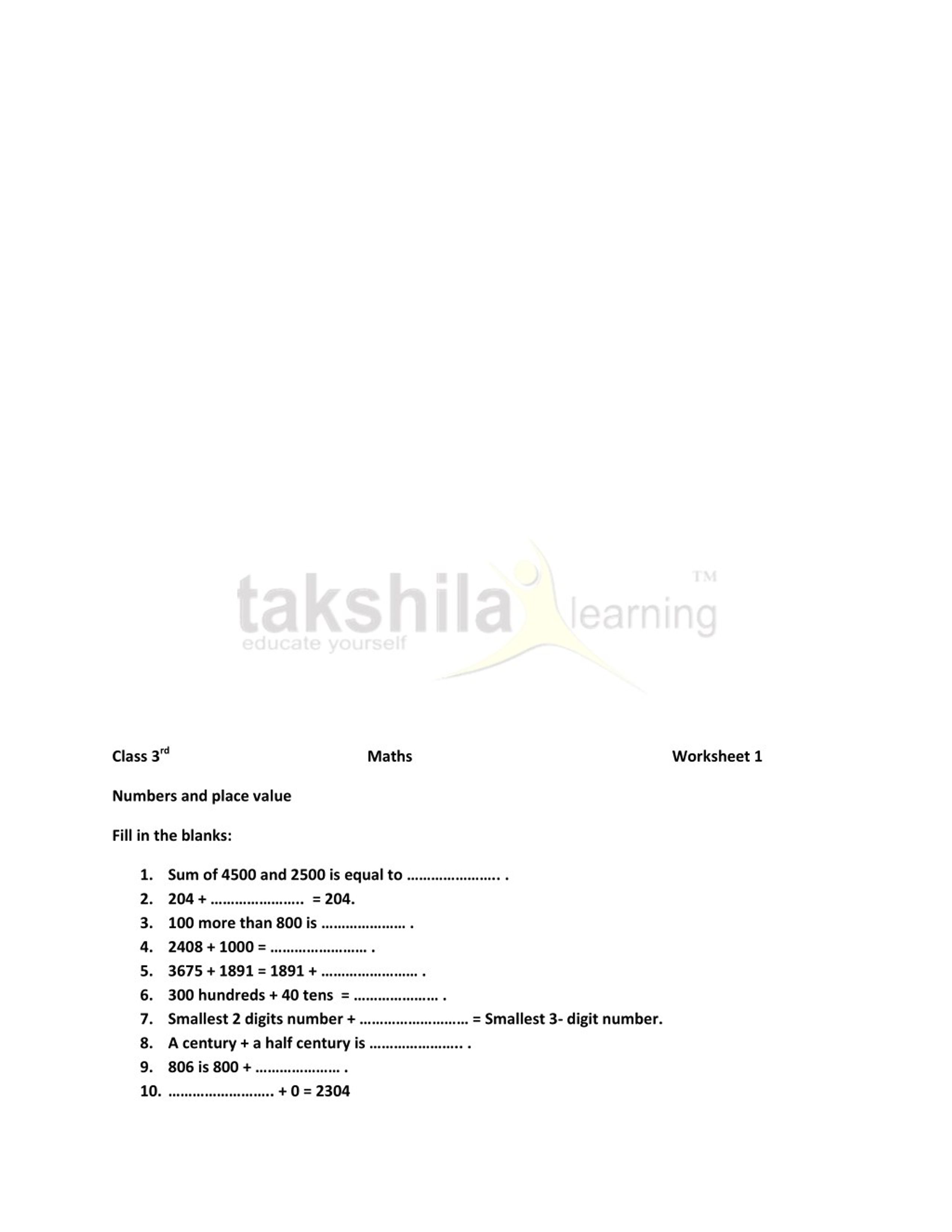 PPT - Practice Worksheet for Class 3 Maths - Numbers and ...