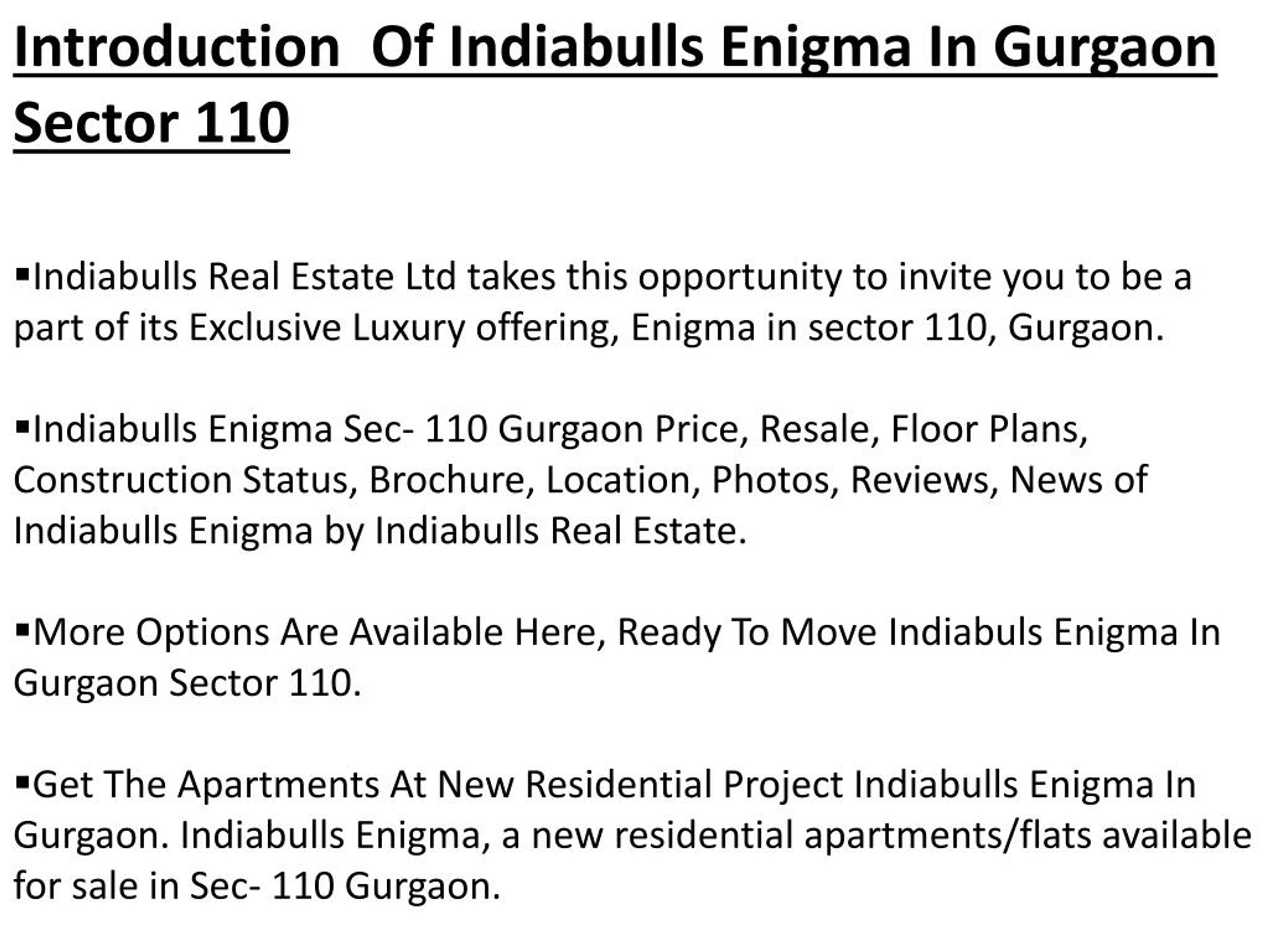 Indiabulls Enigma in Sector 110, Gurgaon - Price, Reviews & Floor Plan