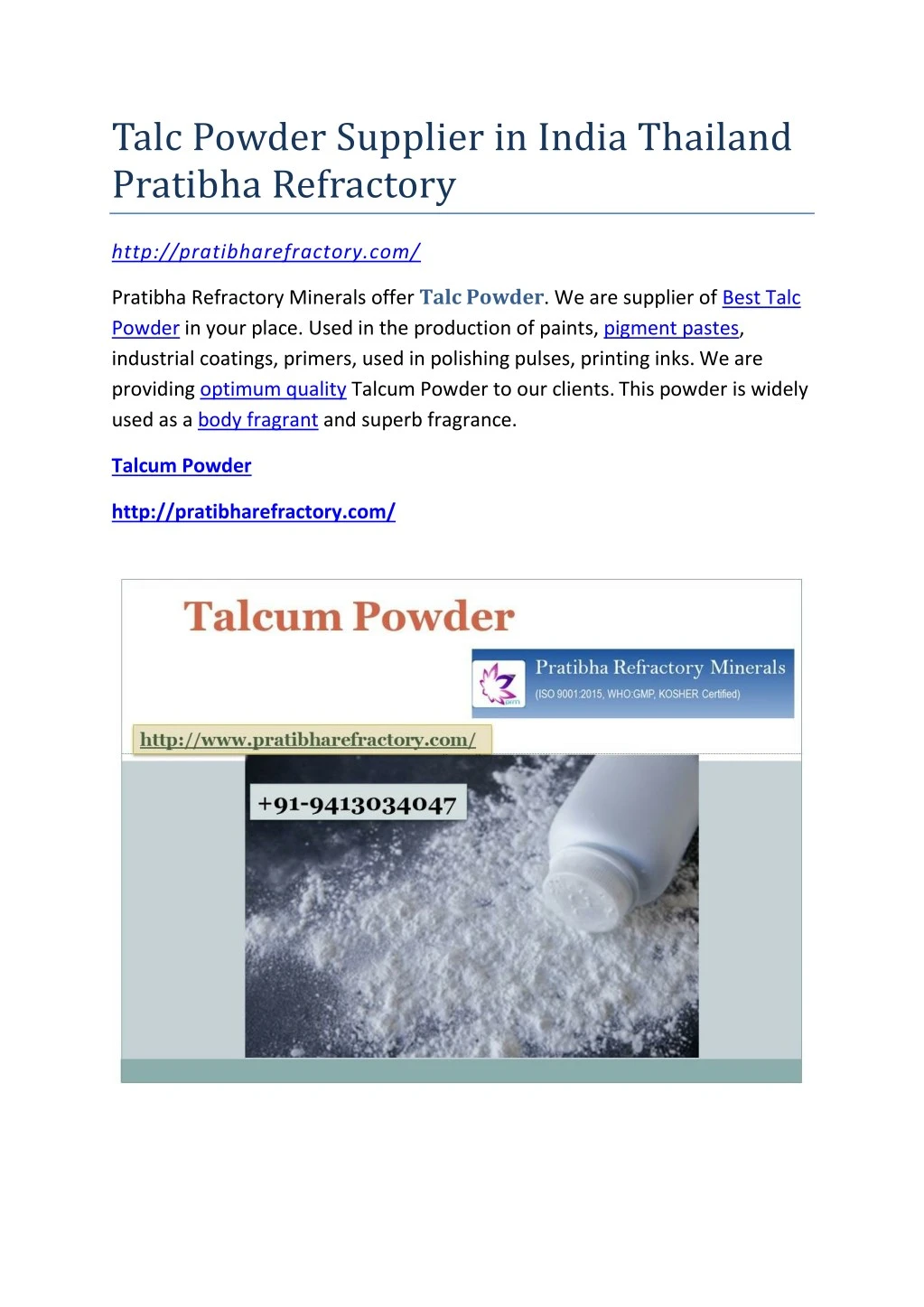 talc powder supplier in india thailand pratibha n.