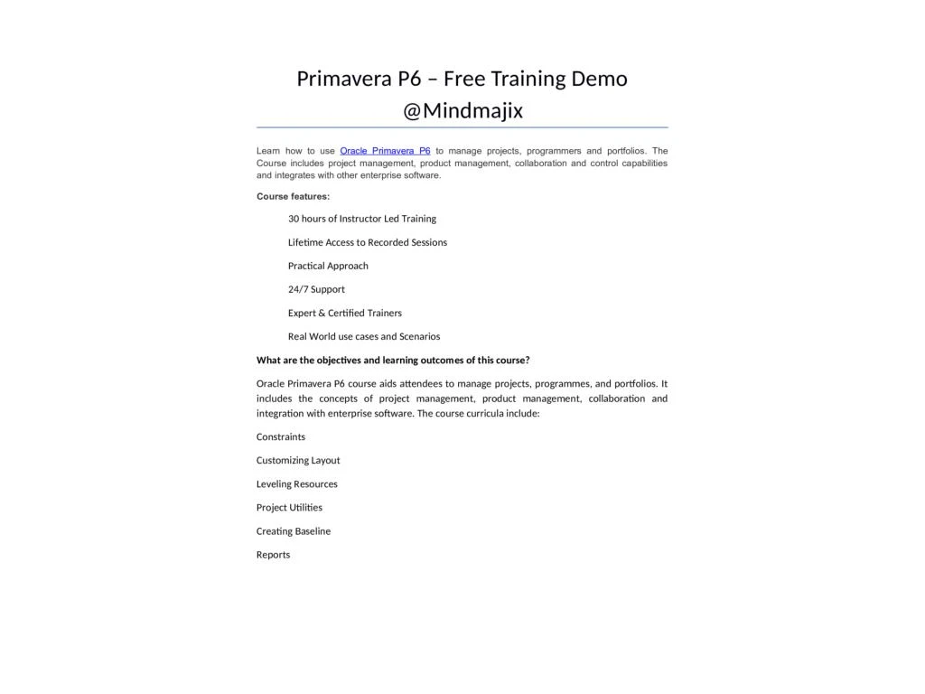 primavera p6 training online free
