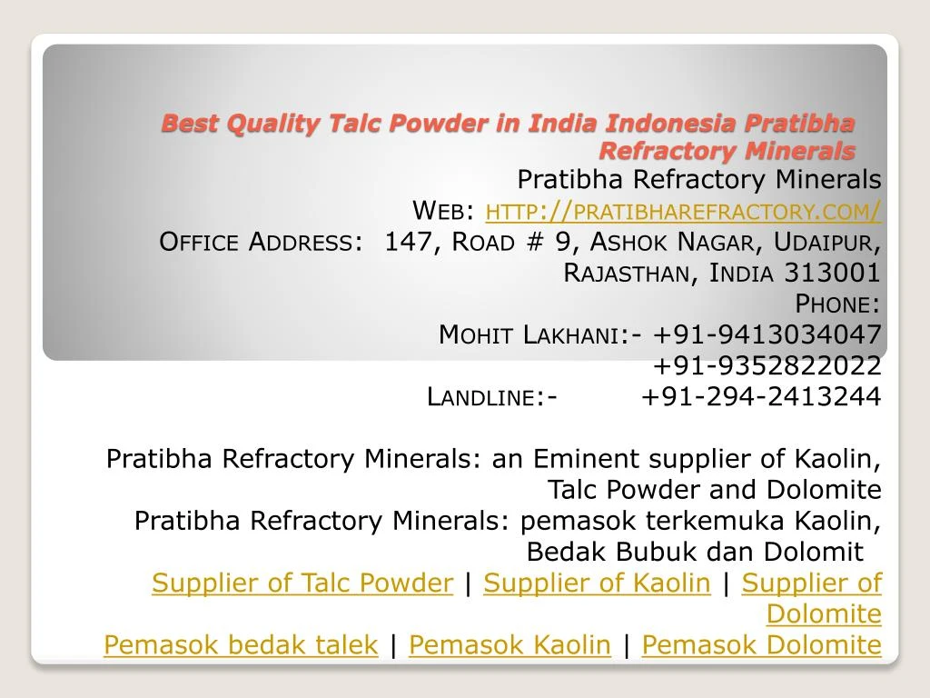 best quality talc powder in india indonesia pratibha refractory minerals n.