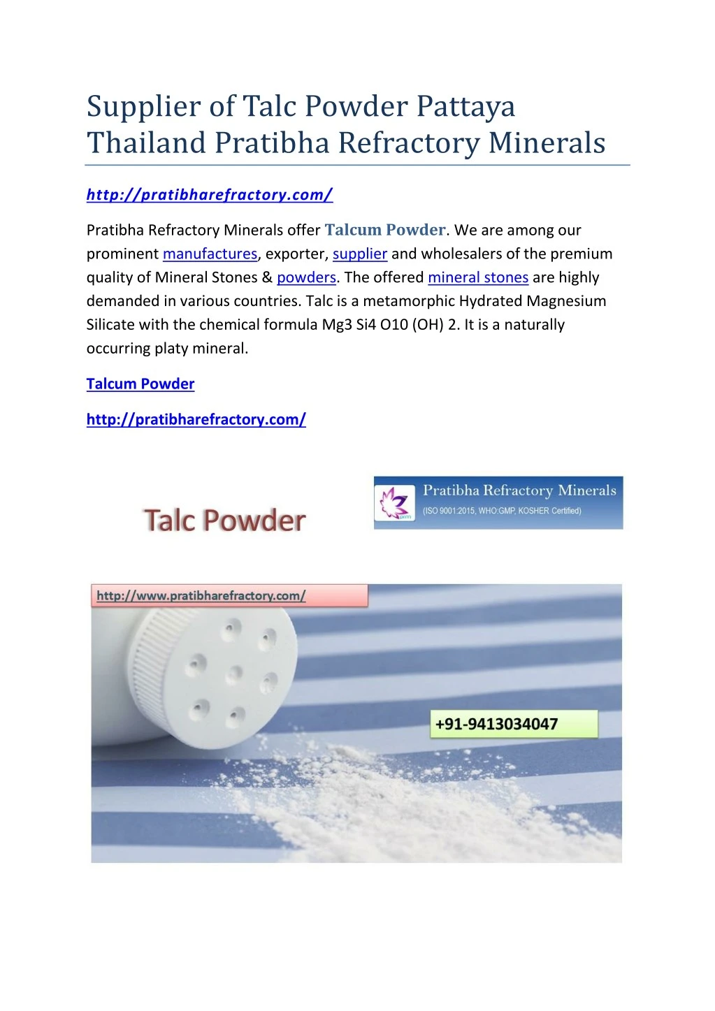 supplier of talc powder pattaya thailand pratibha n.