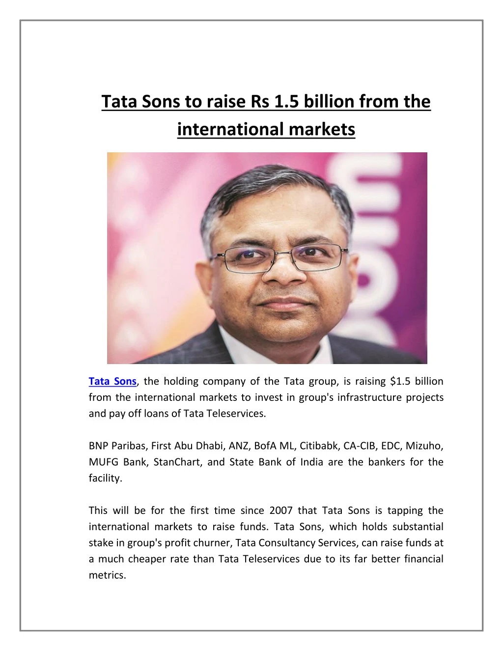 tata sons to raise rs 1 5 billion from n.