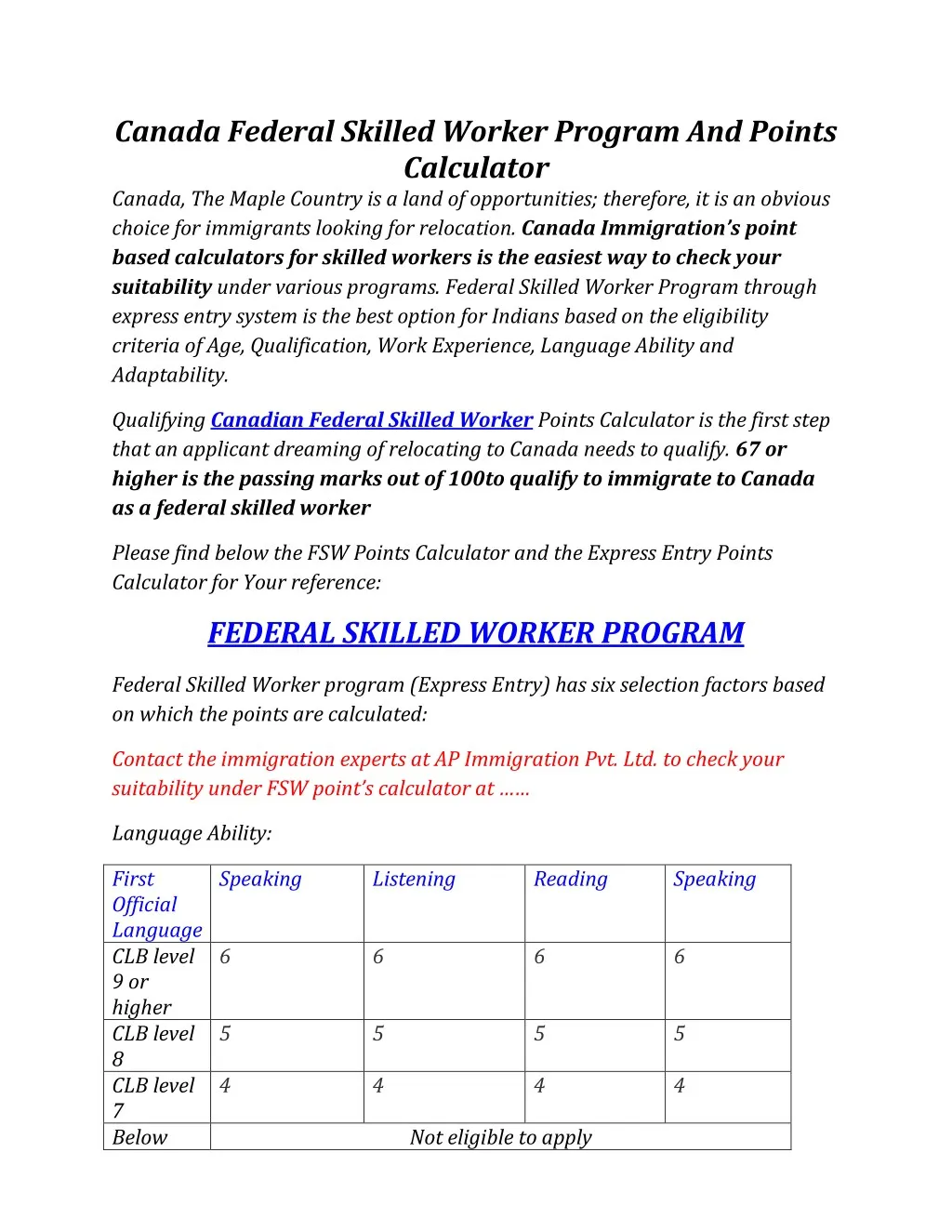 Federal skilled worker calculator