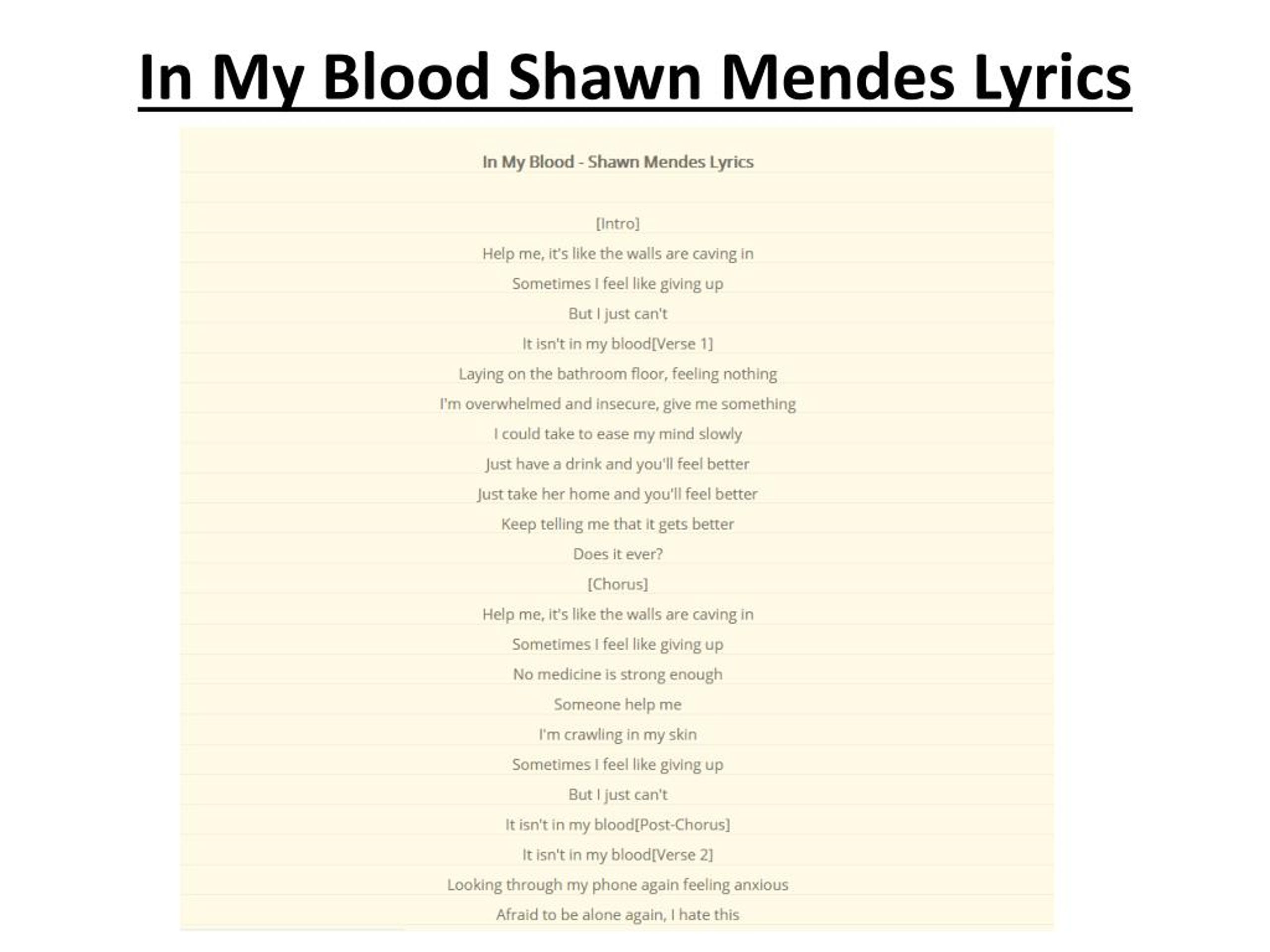 Ppt In My Blood Shawn Mendes Lyrics Powerpoint Presentation Free Download Id 7925810 - song codes for roblox shawn mendes