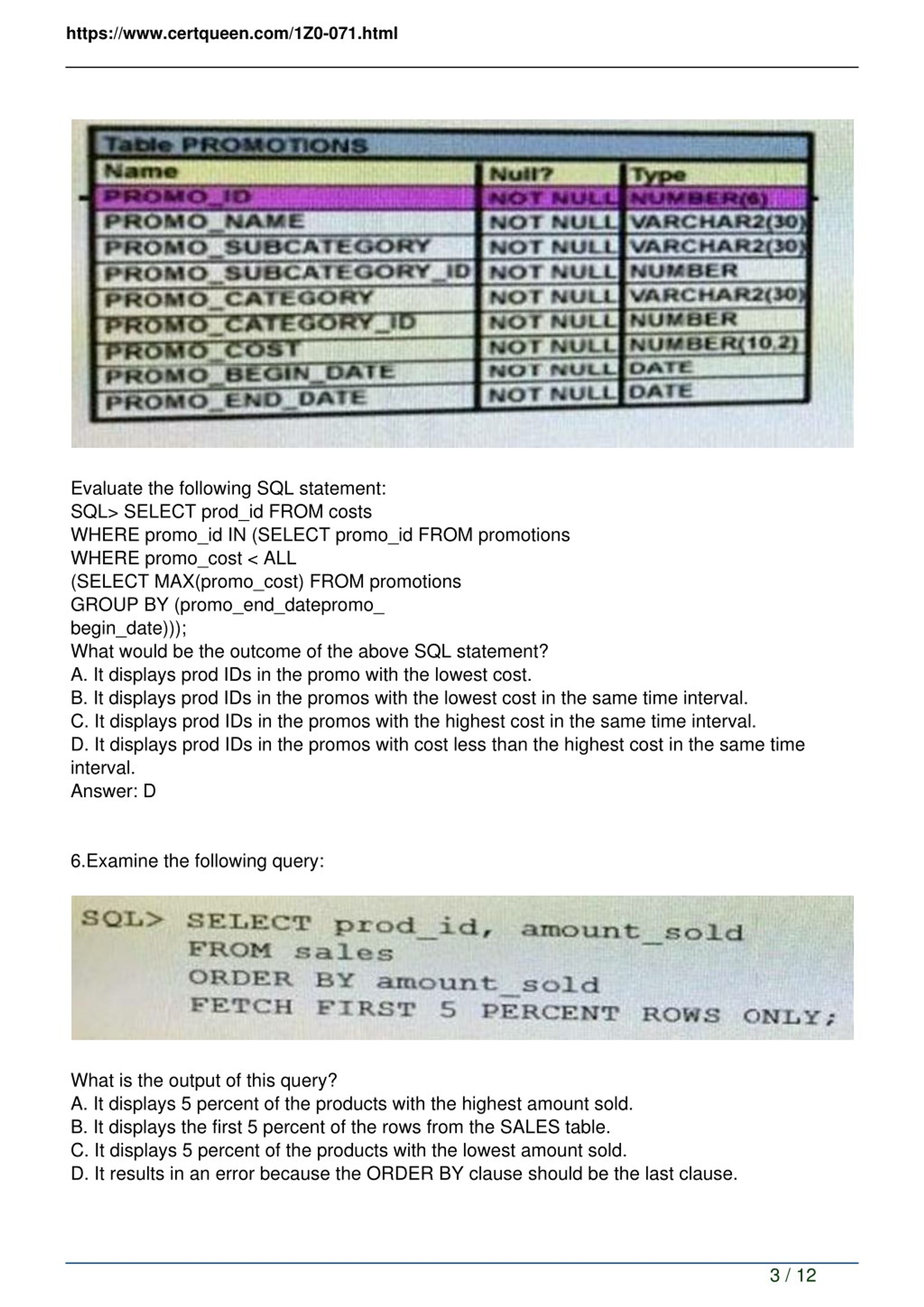 Latest 1z0-071 Exam Objectives