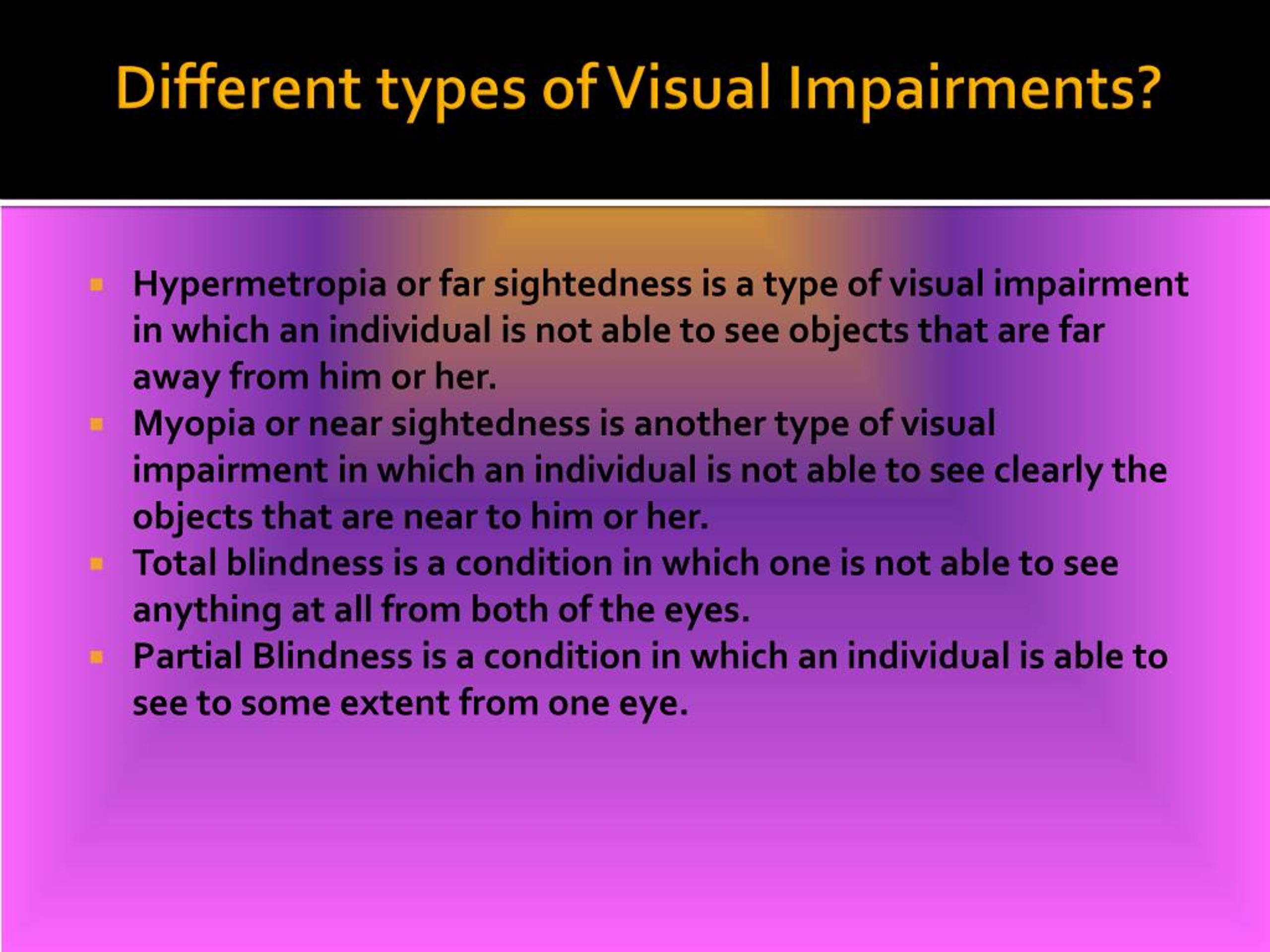 visual impairment types