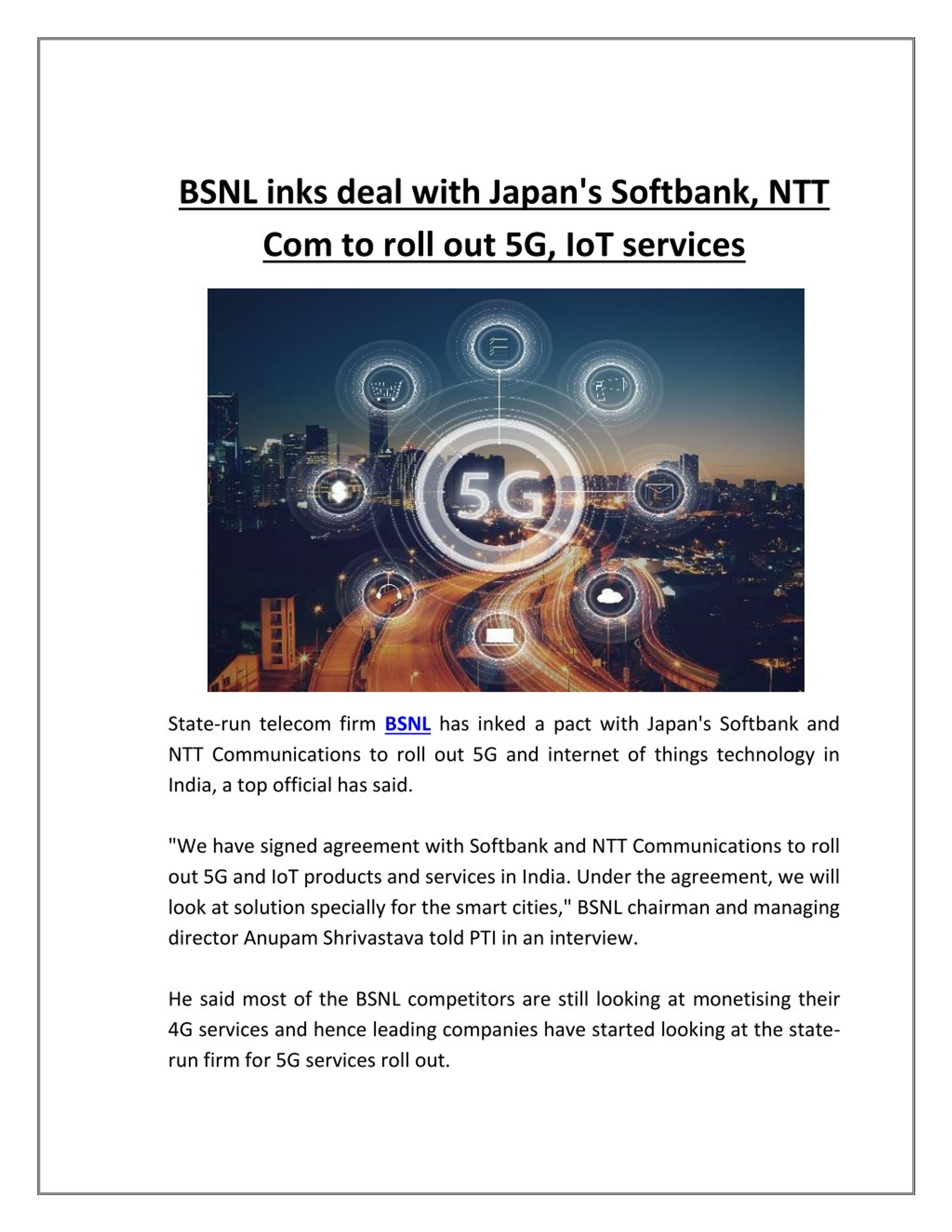 Ppt Bsnl Inks Deal With Japan S Softbank Ntt Com To Roll Out 5g Iot Services Powerpoint Presentation Id