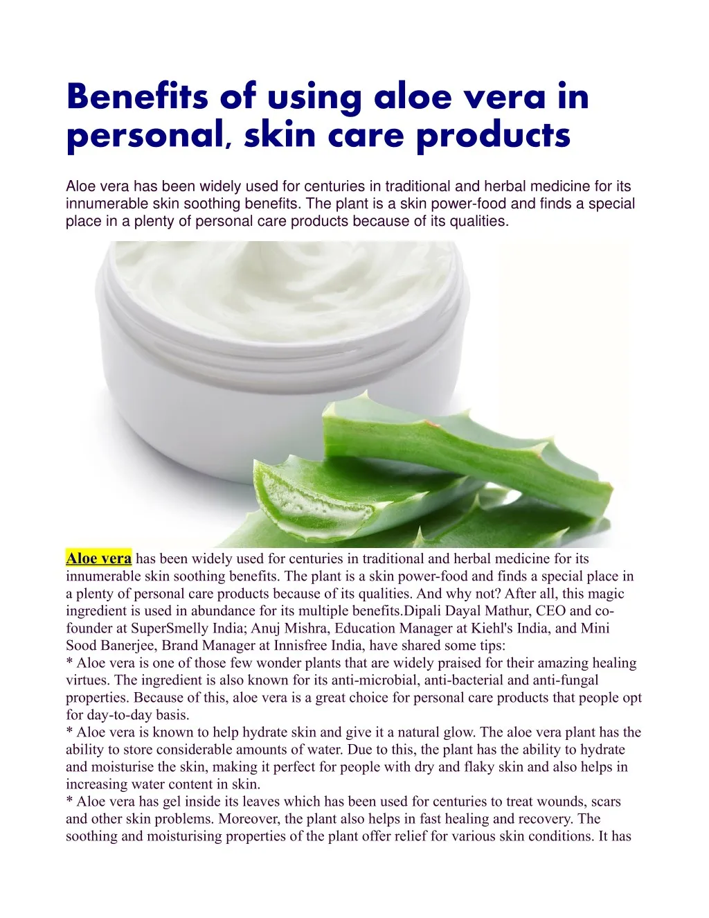 benefits of using aloe vera in personal skin care n.