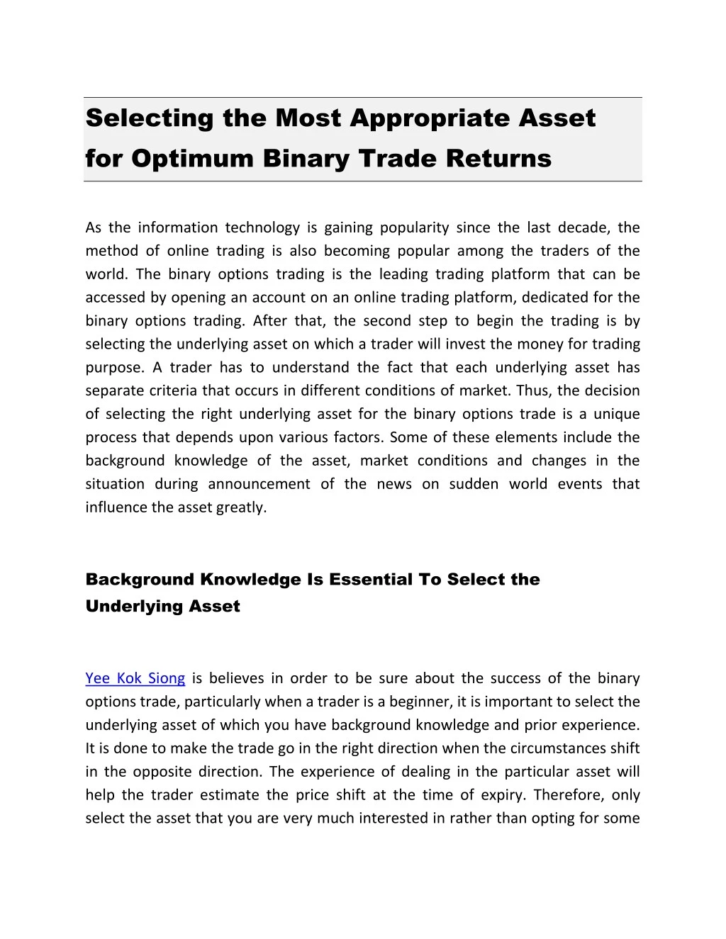selecting the most appropriate asset for optimum n.