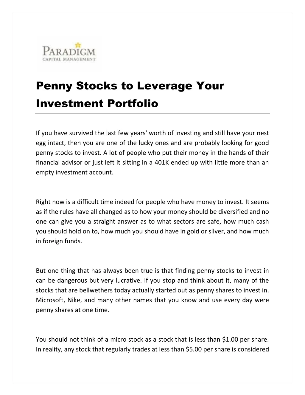 penny stocks to leverage your investment portfolio n.