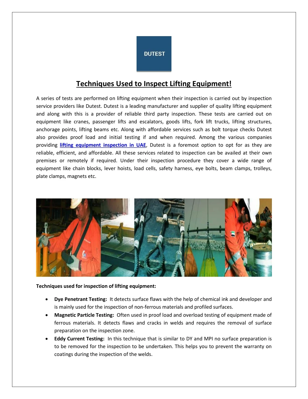 techniques used to inspect lifting equipment n.