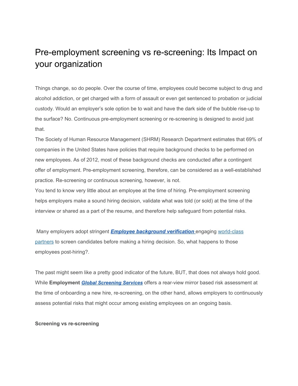 pre employment screening vs re screening n.