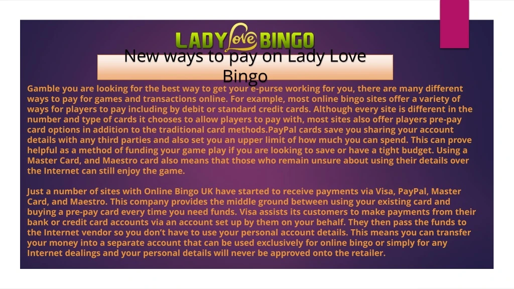 new ways to pay on lady love bingo n.