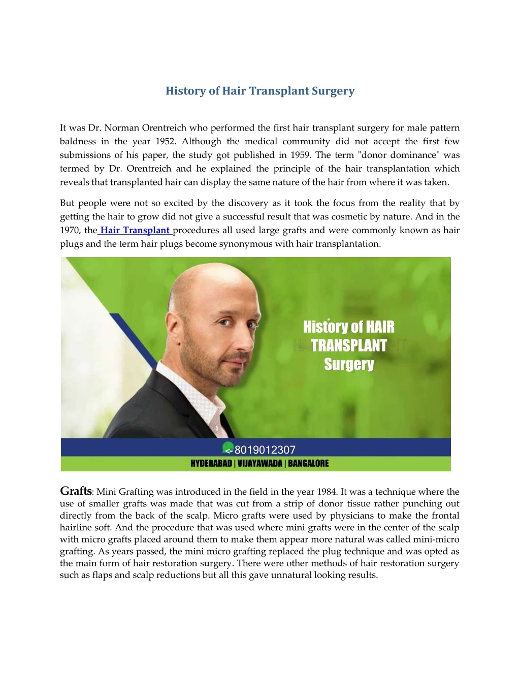 history of hair transplant surgery n.