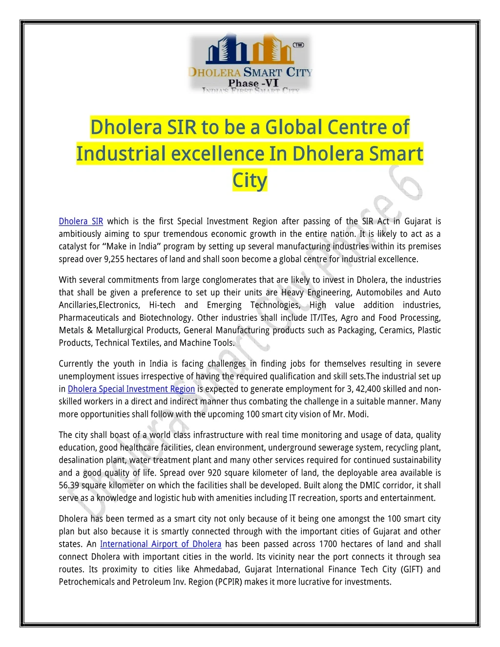 dholera sir to be a global centre of industrial n.