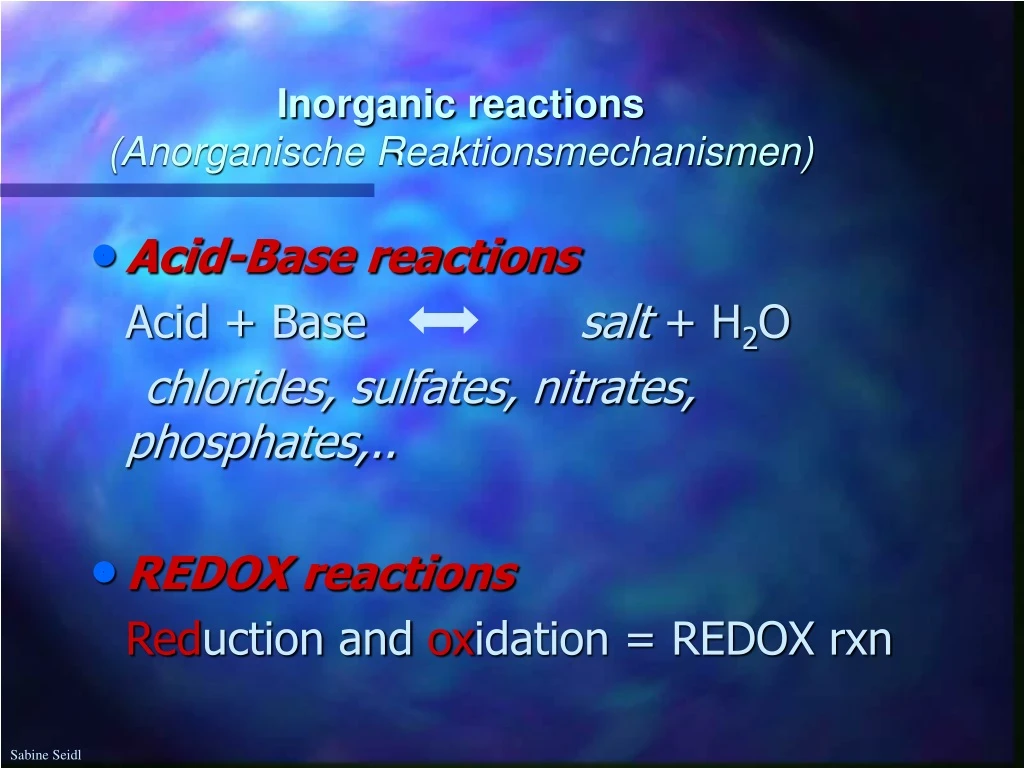 inorganic reactions anorganische reaktionsmechanismen n.