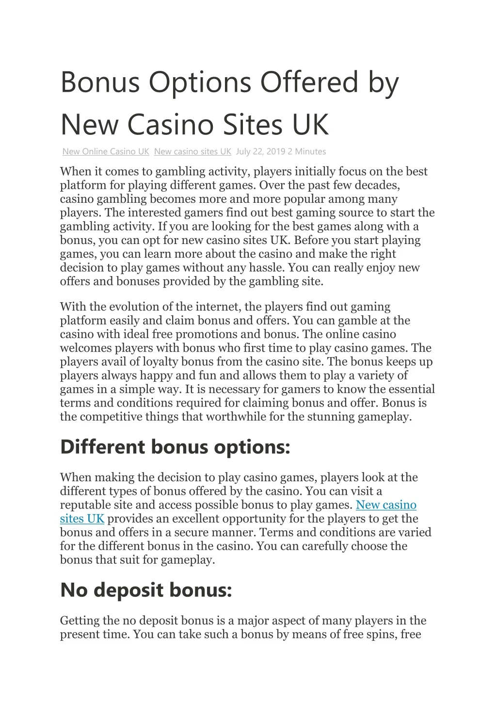 bonus options offered by new casino sites n.