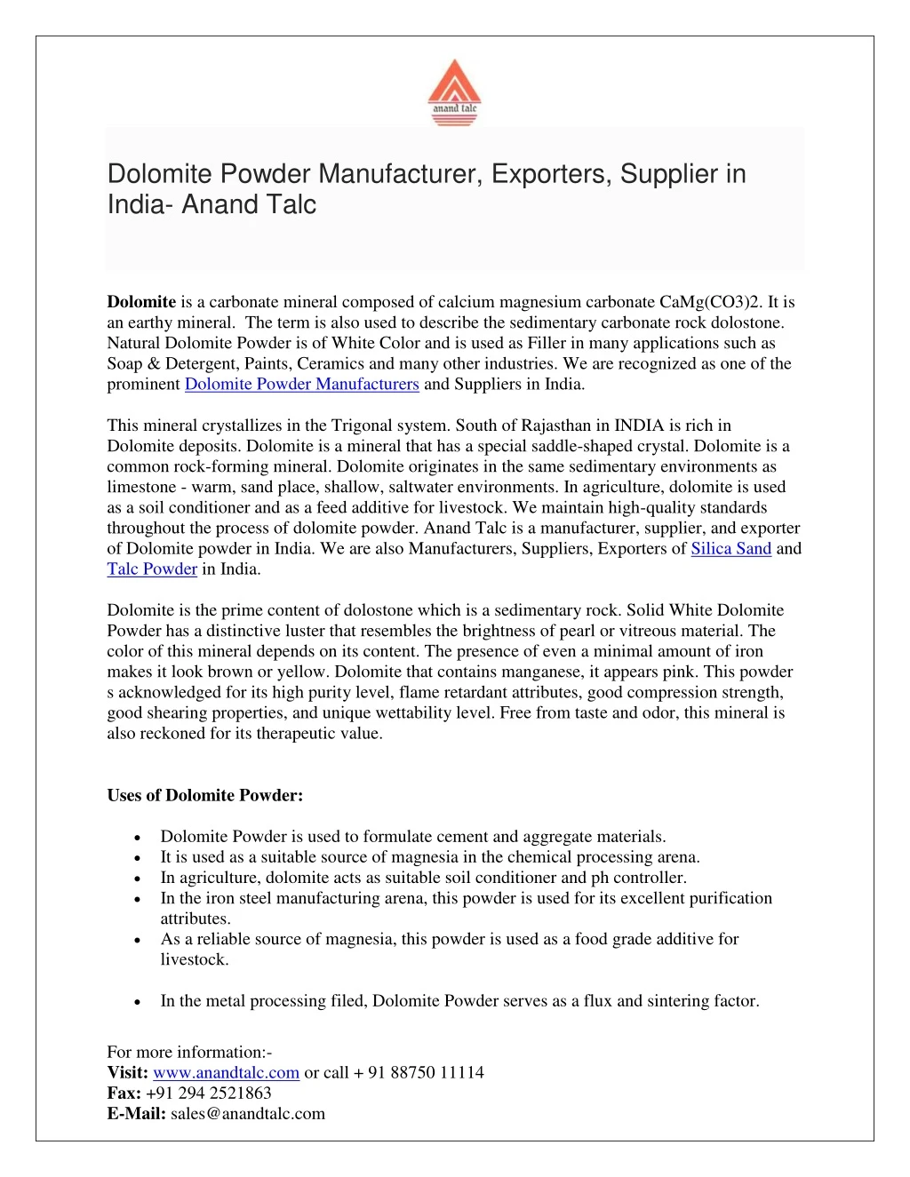dolomite powder manufacturer exporters supplier n.