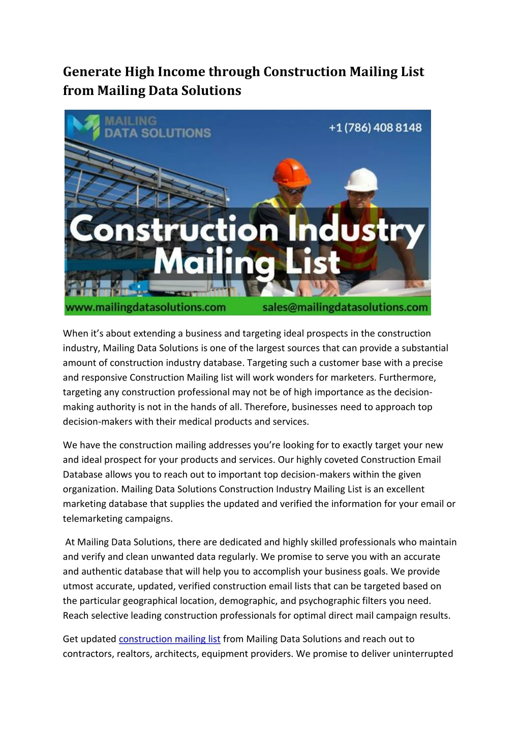 generate high income through construction mailing n.
