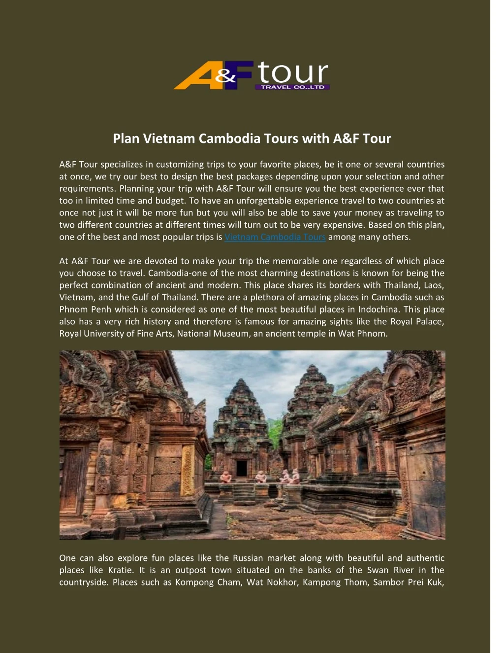 plan vietnam cambodia tours with a f tour n.