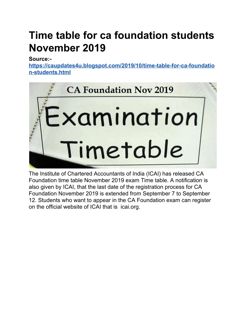 time table for ca foundation students november n.